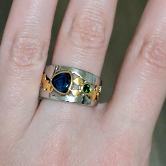 Gold & Silver Ring with Green and Blue CZ Stones – Like New - Picture 2 of 4